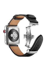 Obrázok pre Kožený remienok s motýlikovou sponou pre Apple Watch 45 / 44 / 42 mm, čierny